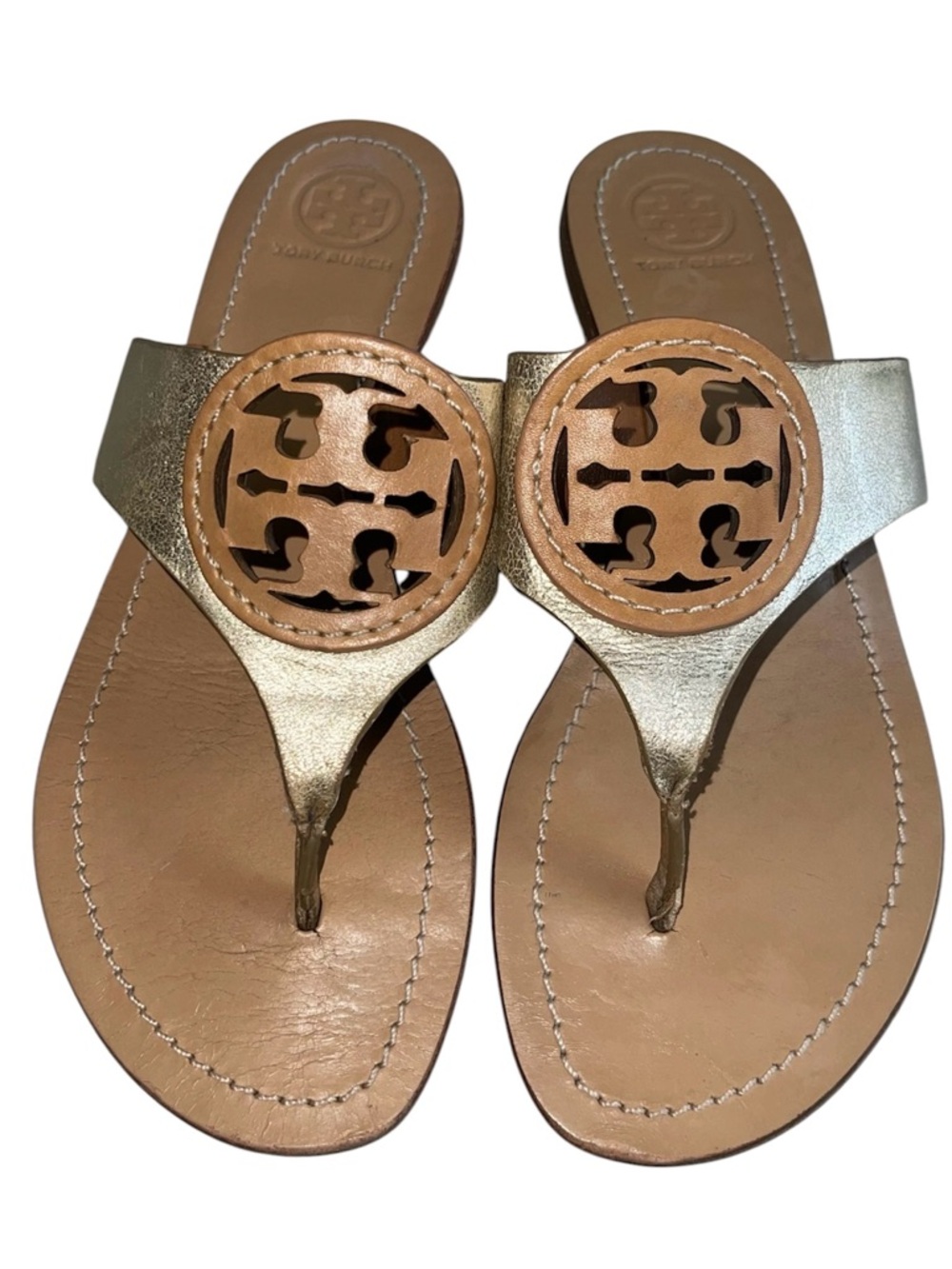 Tory Burch Gold Metallic and Tan Leather Logo Thong Sandals